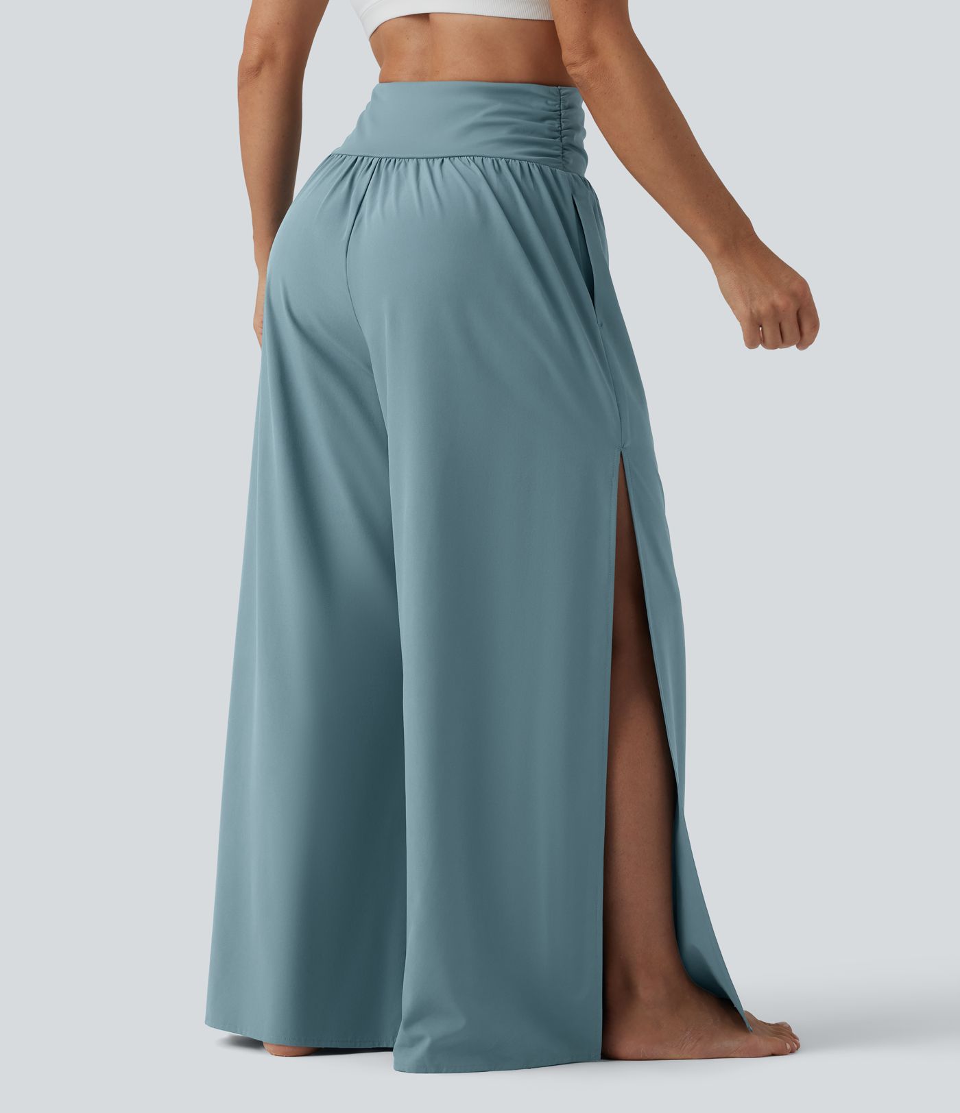 Breezeful™ High Waisted Ruched Split Quick Dry Resort Flowy Pants with Pockets
