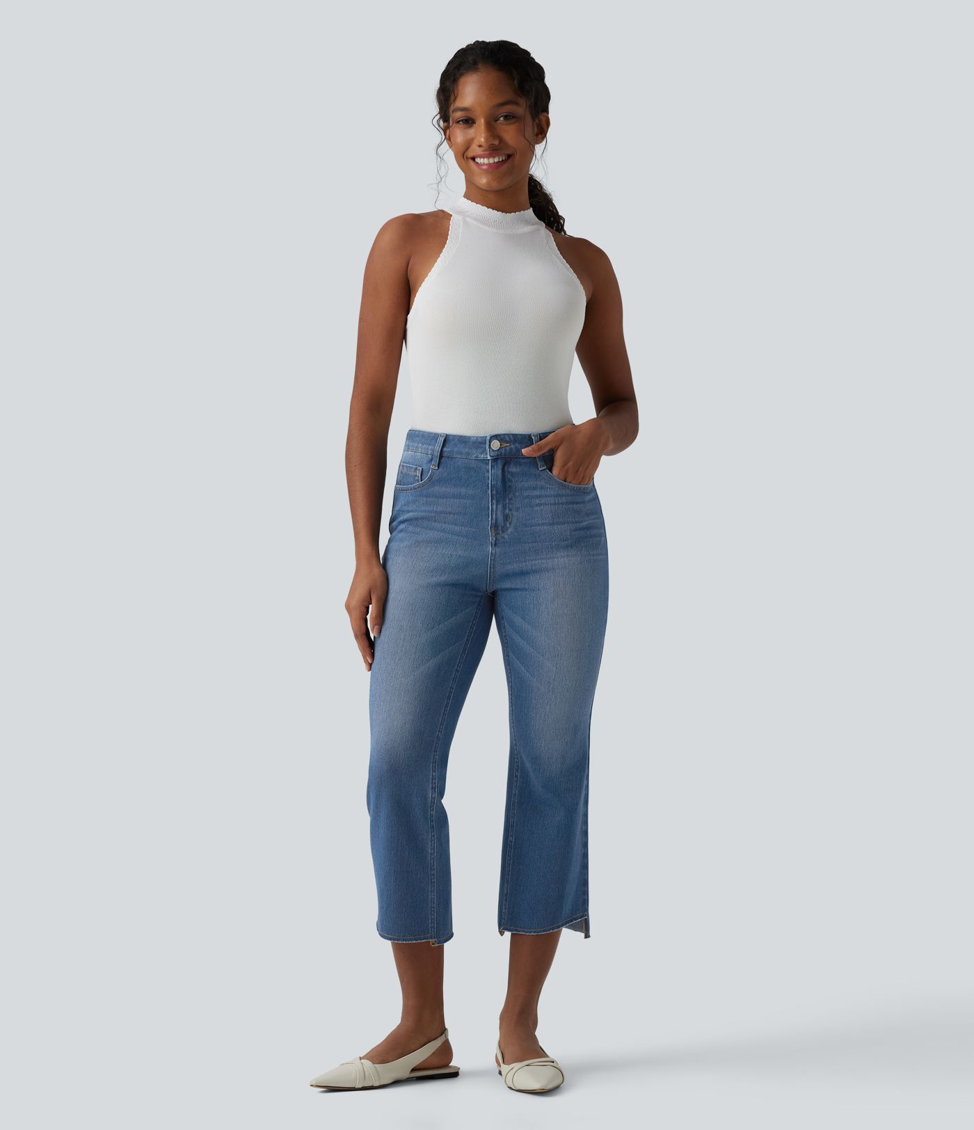 Halara Flex™ - Lässige, kurze Bootcut-Jeans mit mittelhohem Bund, mehreren Taschen und High-Low-Design