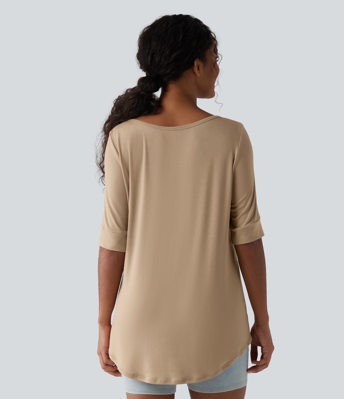 Ribbed Knit Scoop Neck Half Sleeve Curved Hem Longline Casual T-Shirt