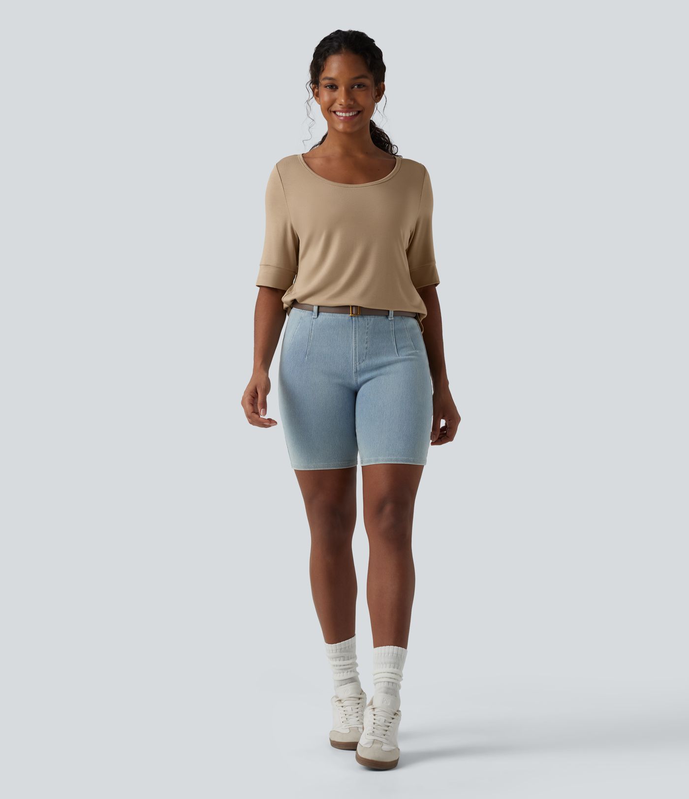 Ribbed Knit Scoop Neck Half Sleeve Curved Hem Longline Casual T-Shirt