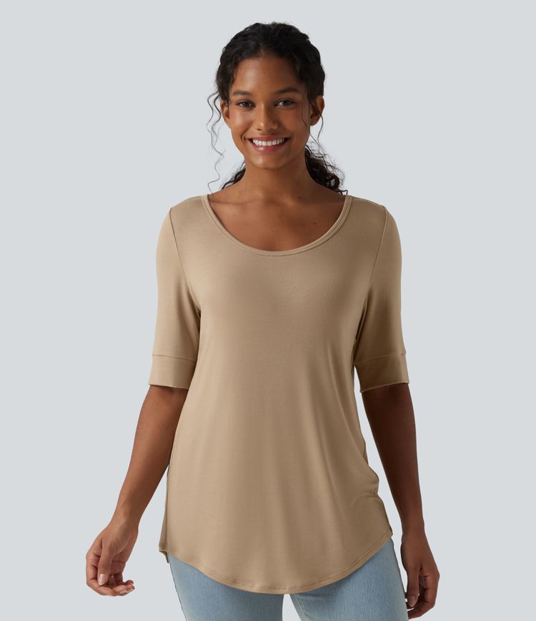 Ribbed Knit Scoop Neck Half Sleeve Curved Hem Longline Casual T-Shirt