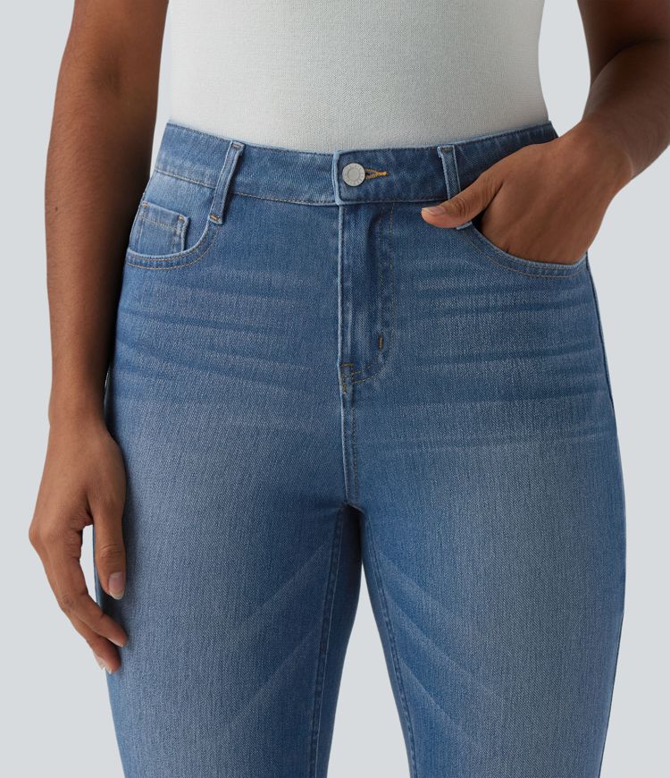 Halara Flex™ - Lässige, kurze Bootcut-Jeans mit mittelhohem Bund, mehreren Taschen und High-Low-Design