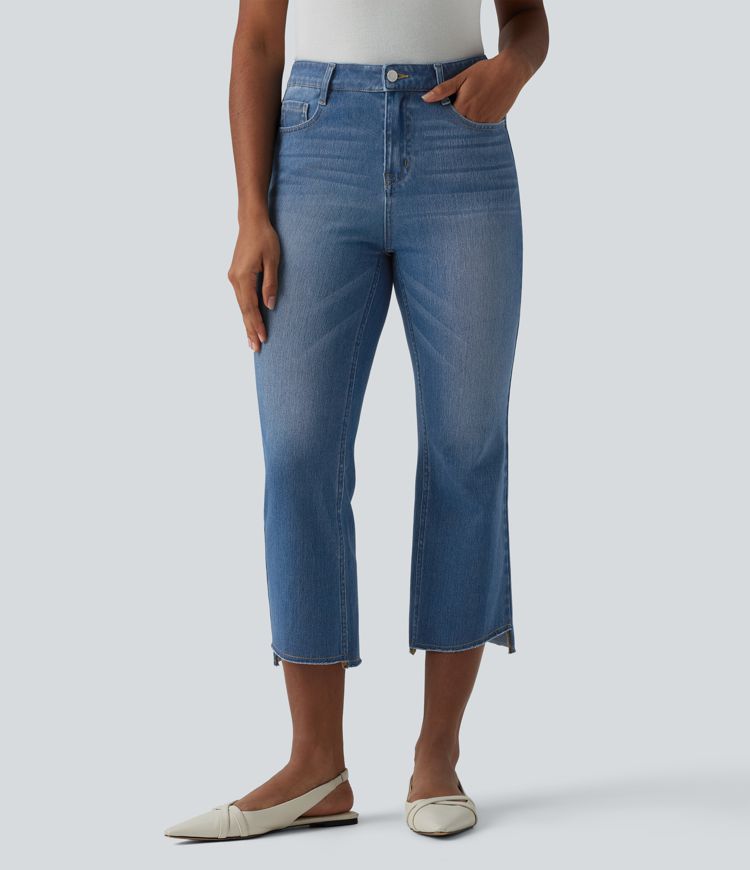 Halara Flex™ - Lässige, kurze Bootcut-Jeans mit mittelhohem Bund, mehreren Taschen und High-Low-Design