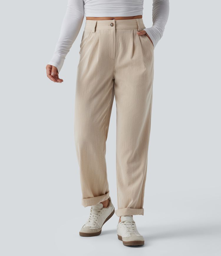 Mid Rise Casual Linen-Feel Pants with Pockets