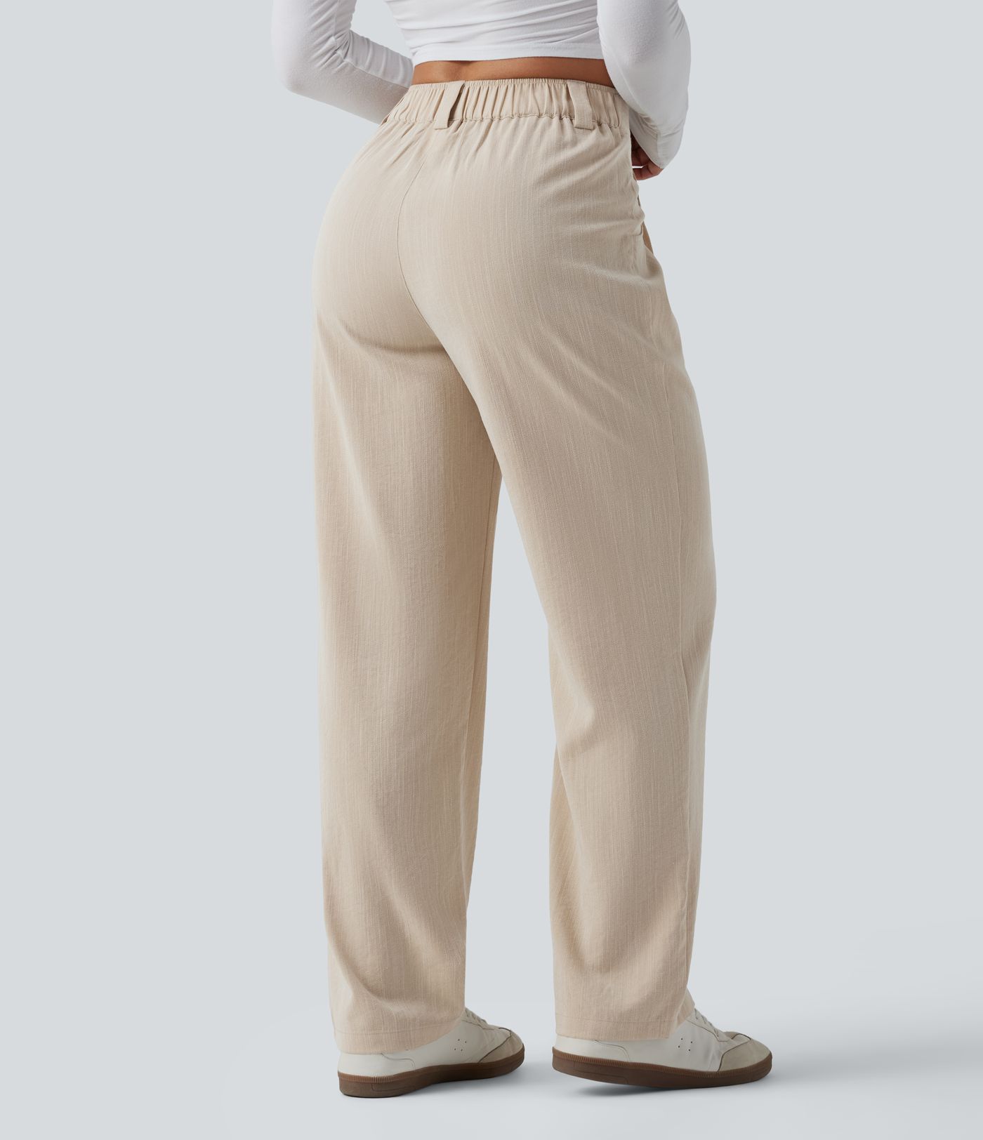 Mid Rise Casual Linen-Feel Pants with Pockets