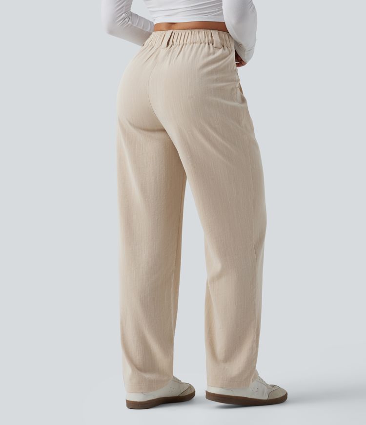 Mid Rise Casual Linen-Feel Pants with Pockets