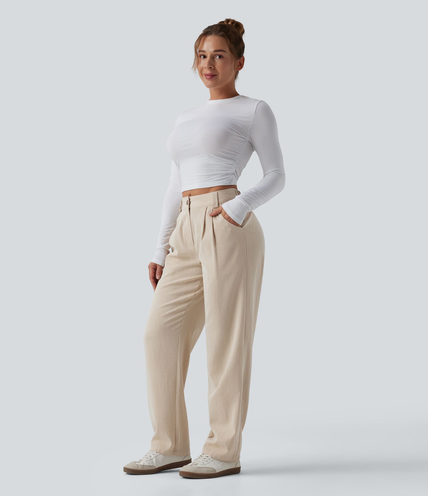 Mid Rise Casual Linen-Feel Pants with Pockets