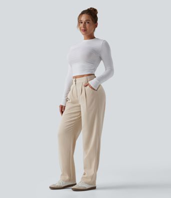 Mid Rise Casual Linen-Feel Pants with Pockets