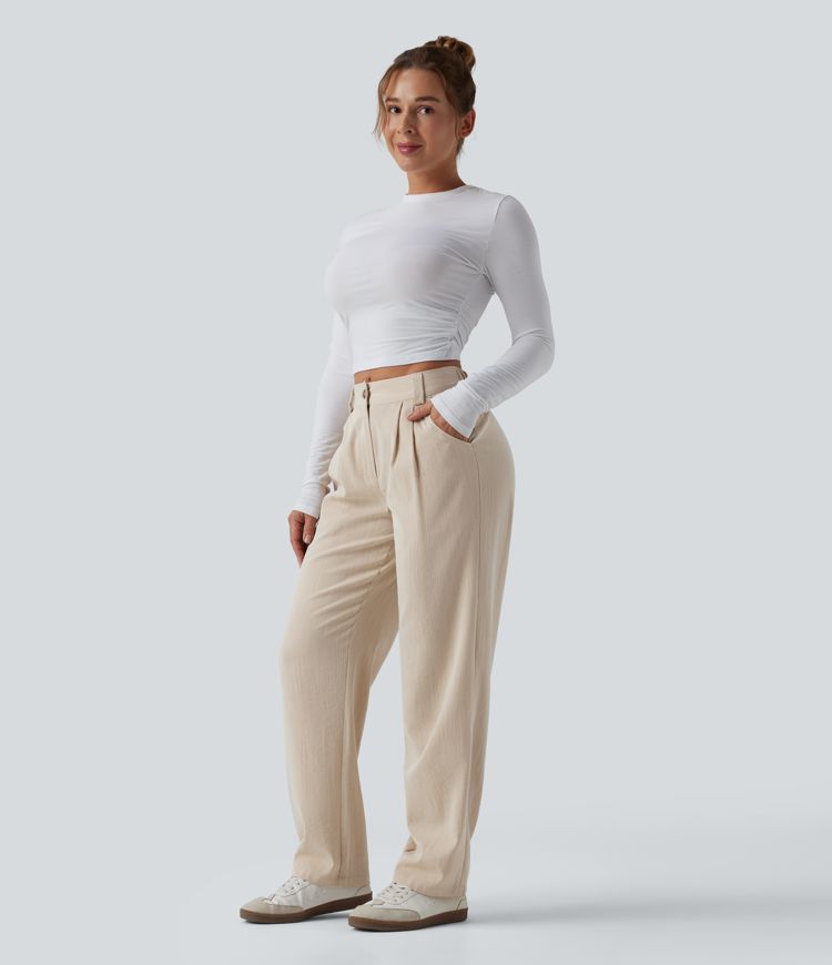 Mid Rise Casual Linen-Feel Pants with Pockets
