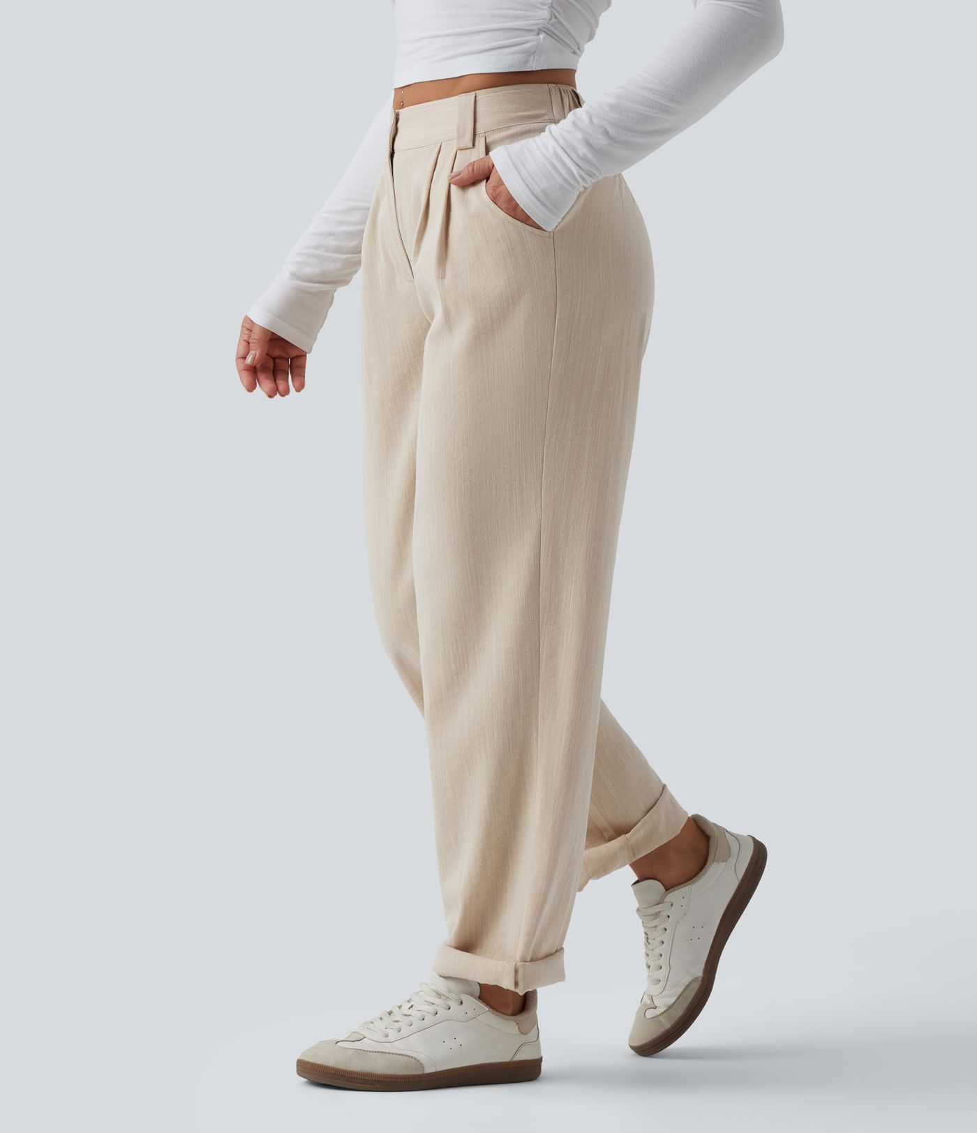 Mid Rise Casual Linen-Feel Pants with Pockets