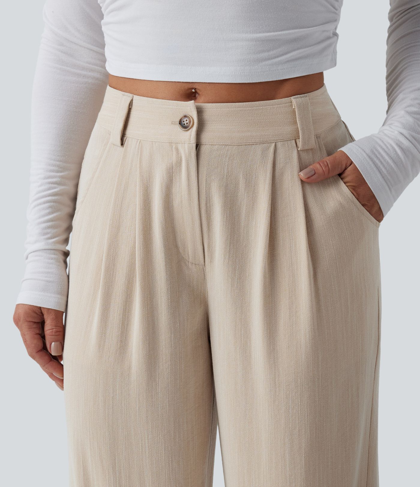 Mid Rise Casual Linen-Feel Pants with Pockets