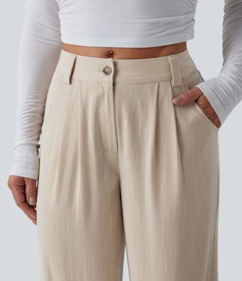 Mid Rise Casual Linen-Feel Pants with Pockets