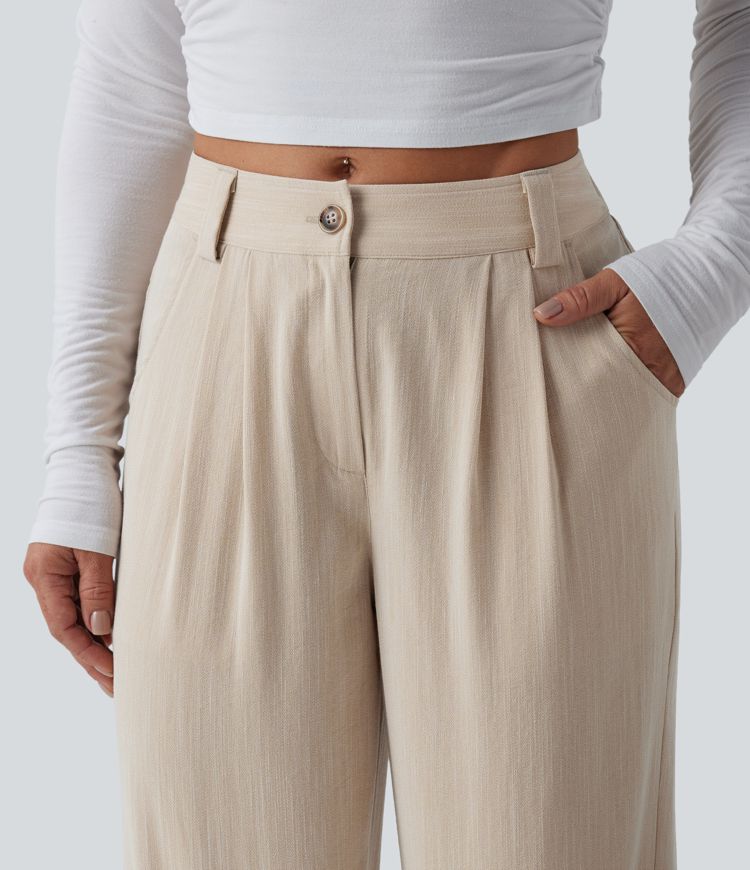 Mid Rise Casual Linen-Feel Pants with Pockets
