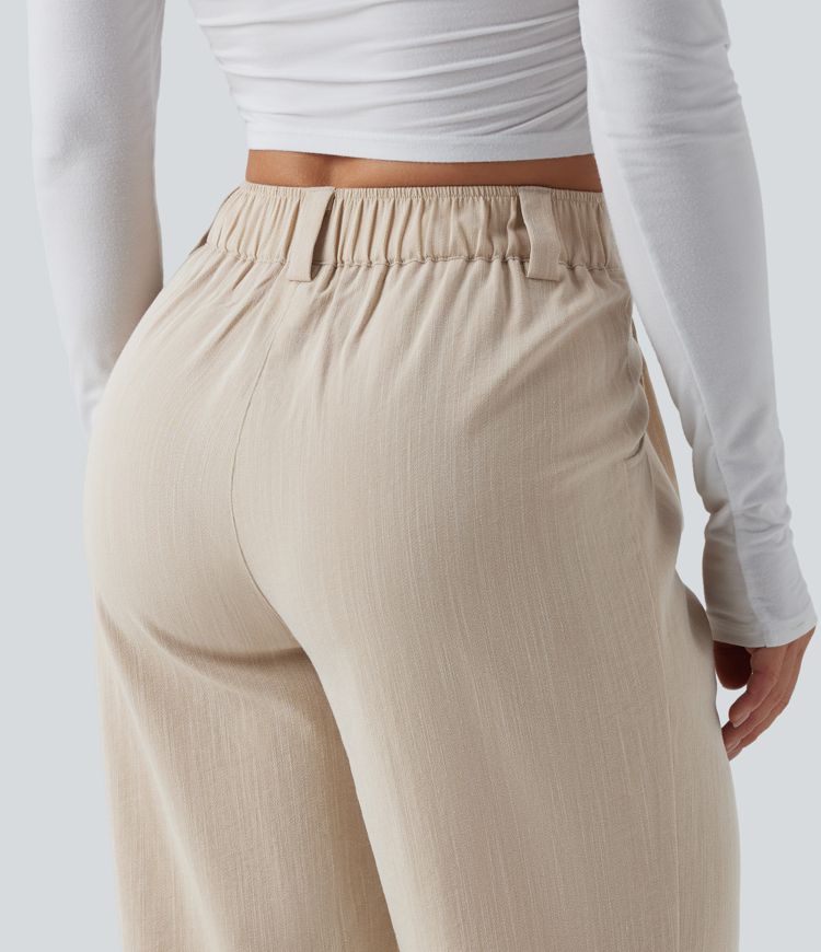 Mid Rise Casual Linen-Feel Pants with Pockets