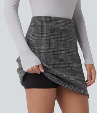 High Waisted 2-in-1 Houndstooth Plaid Mini Work Skirt-Longer Length