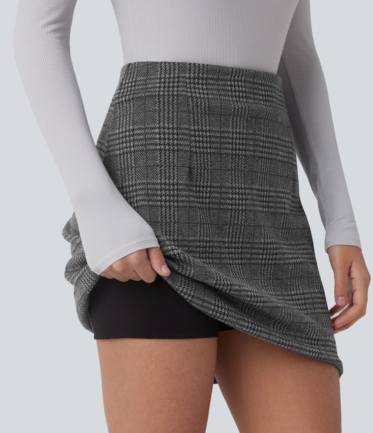 High Waisted 2-in-1 Houndstooth Plaid Mini Work Skirt-Longer Length