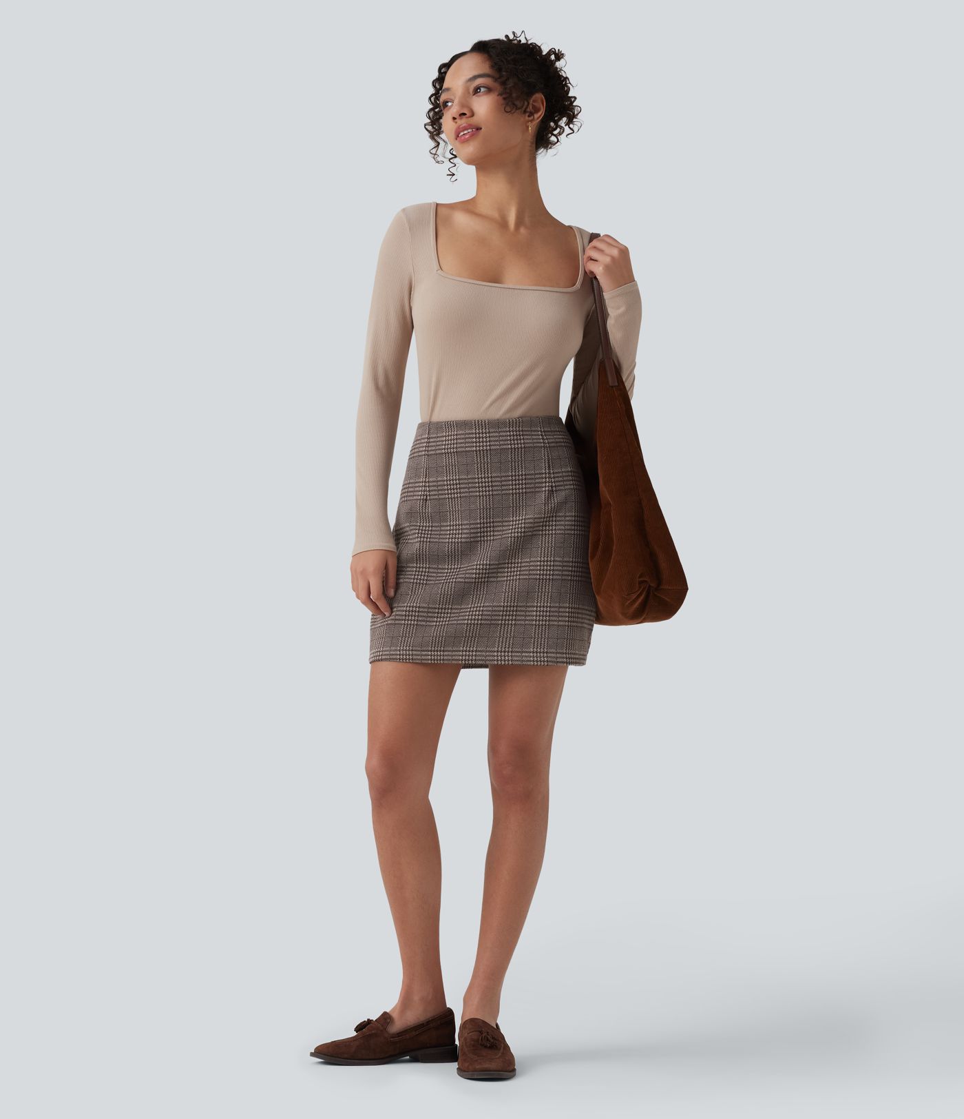 Jupe mini tailleur taille haute 2-en-1 à carreaux pied-de-poule - Longueur rallongée