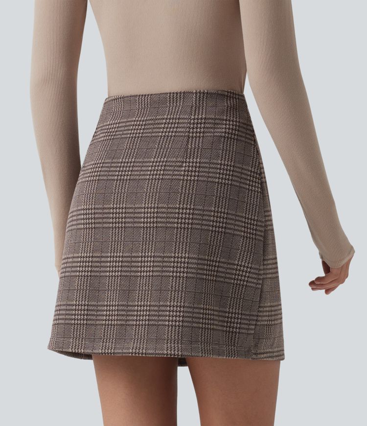 Jupe mini tailleur taille haute 2-en-1 à carreaux pied-de-poule - Longueur rallongée