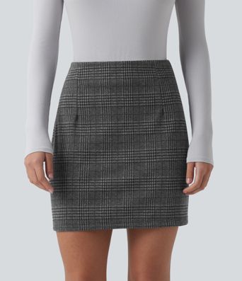High Waisted 2-in-1 Houndstooth Plaid Mini Work Skirt-Longer Length