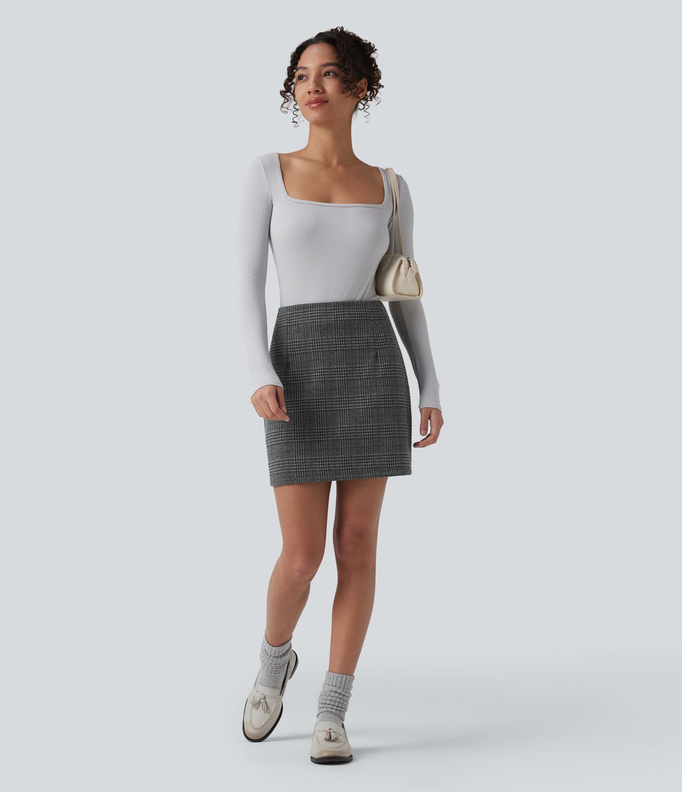 High Waisted 2-in-1 Houndstooth Plaid Mini Work Skirt-Longer Length