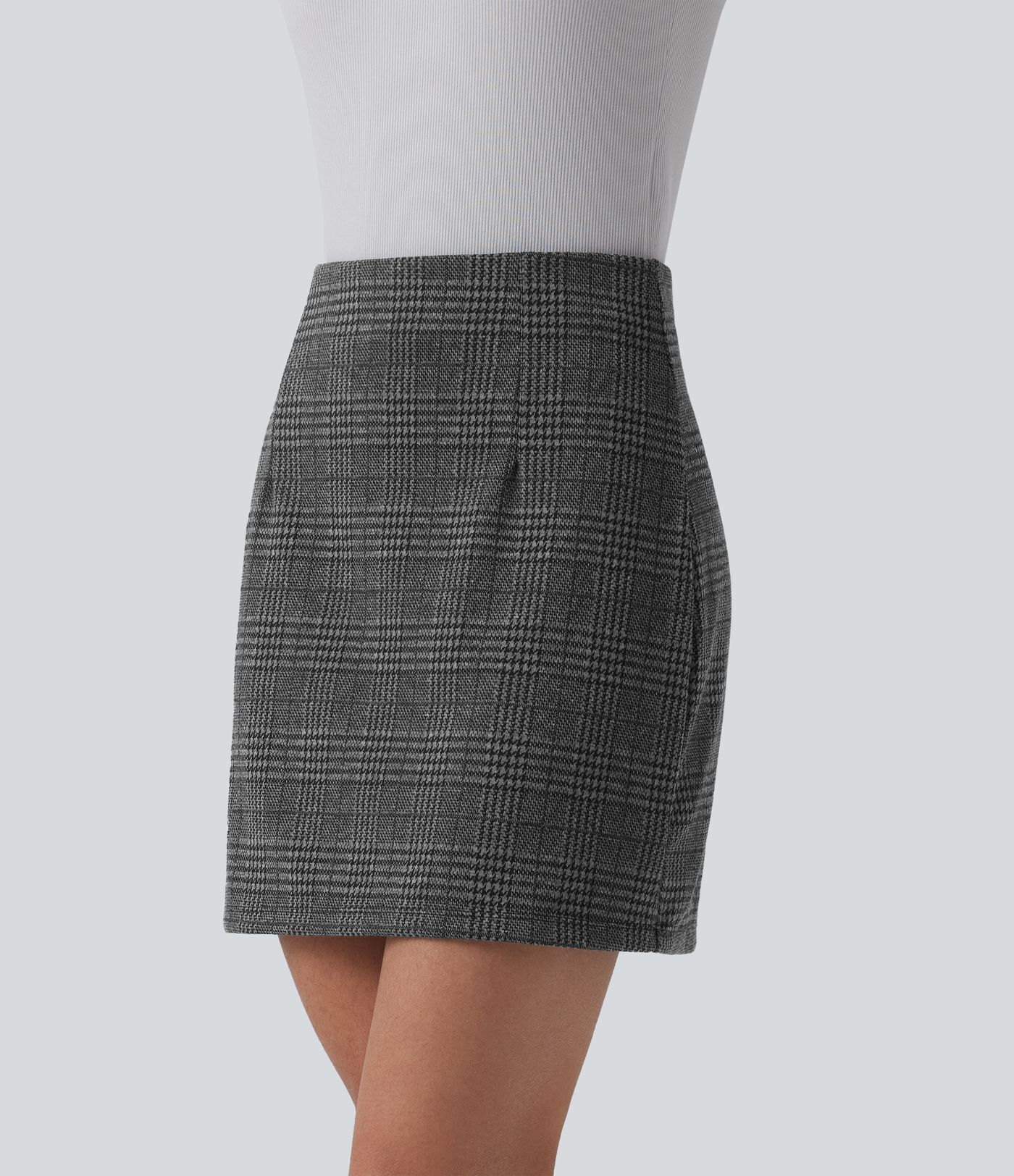 High Waisted 2-in-1 Houndstooth Plaid Mini Work Skirt-Longer Length