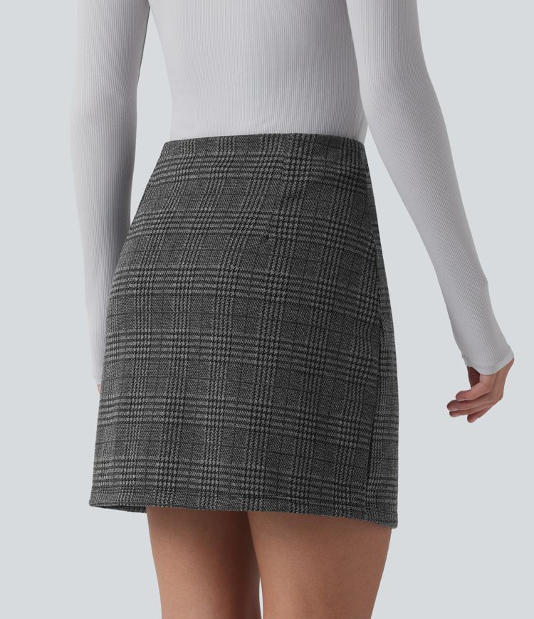 High Waisted 2-in-1 Houndstooth Plaid Mini Work Skirt-Longer Length