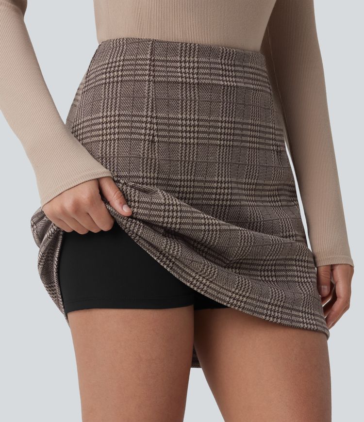 Jupe mini tailleur taille haute 2-en-1 à carreaux pied-de-poule - Longueur rallongée