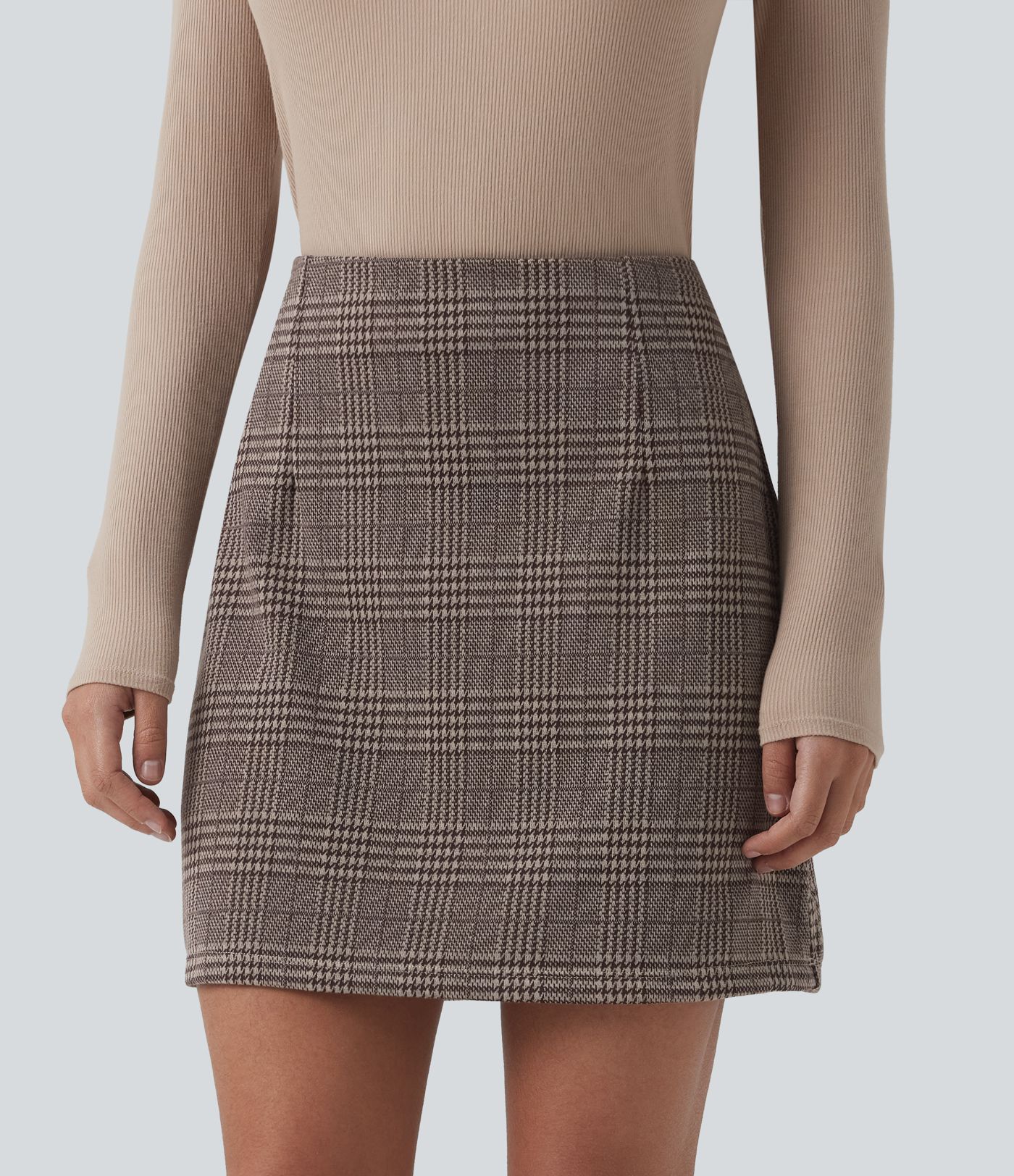 2-in-1 Arbeits-Minirock mit hohem Bund und Karomuster - extralang