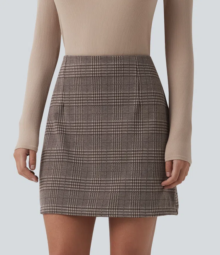 Jupe mini tailleur taille haute 2-en-1 à carreaux pied-de-poule - Longueur rallongée