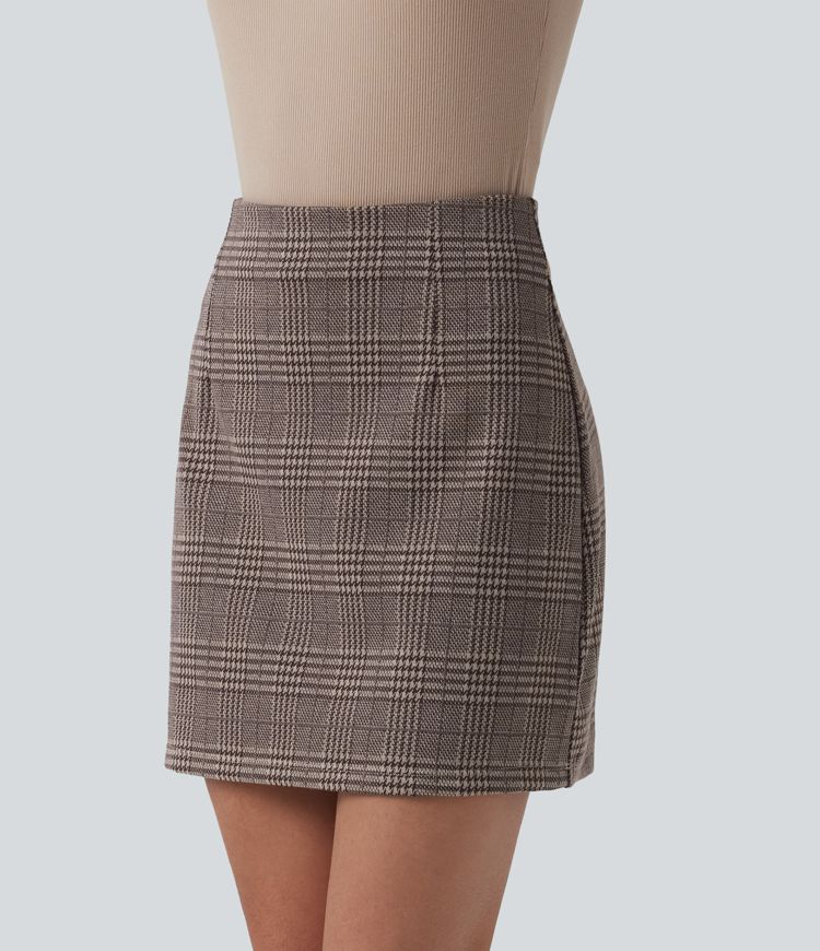 Jupe mini tailleur taille haute 2-en-1 à carreaux pied-de-poule - Longueur rallongée