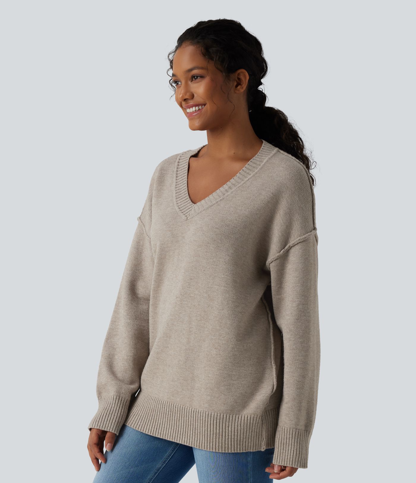 V-neck Dropped Shoulder Long Sleeve Casual Jumper