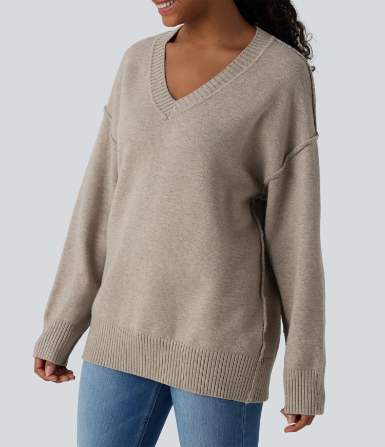 V-neck Dropped Shoulder Long Sleeve Casual Jumper