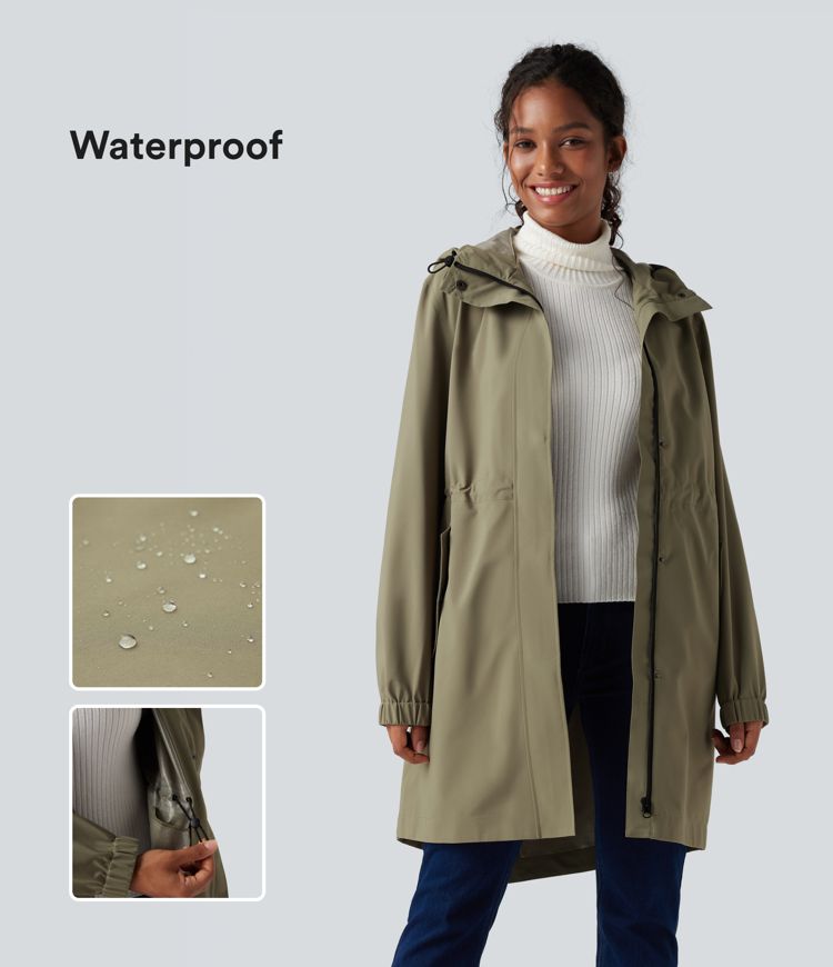 Waterproof Hooded Long Sleeve Longline Casual Jacket with Pockets