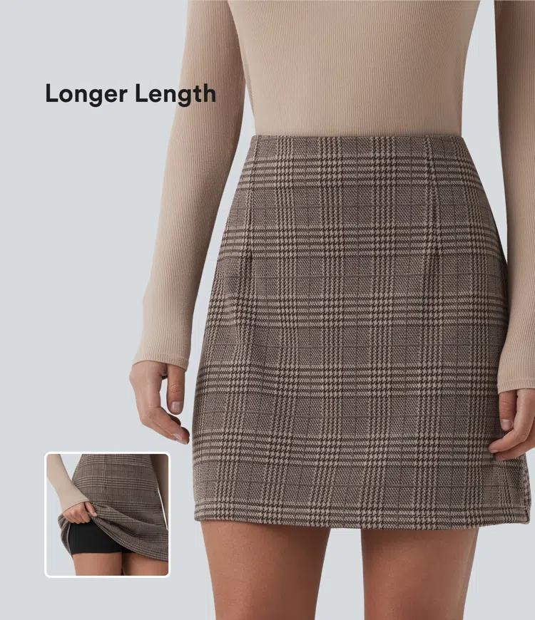 Jupe mini tailleur taille haute 2-en-1 à carreaux pied-de-poule - Longueur rallongée