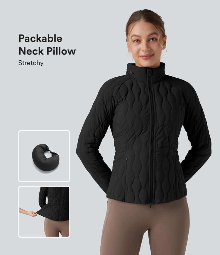 PuffFlex High-neck Thumb Holes Stretchy Workout Padded Jacket with Pockets-Packable Neck Pillow