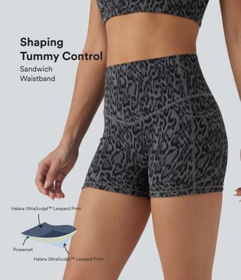 Halara UltraSculpt™ Leopard Print High Waisted Tummy Control Shaping Training Biker Shorts 3'' with Pockets