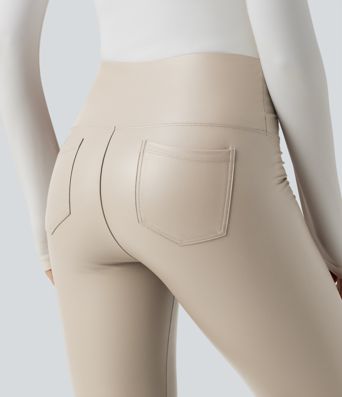 SoCinched High Taillierte Bauchkontrolle Dehnbare PU Fleece 7/8 Skinny Casual Leggings mit Taschen