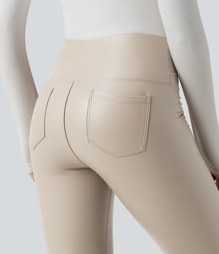 SoCinched High Taillierte Bauchkontrolle Dehnbare PU Fleece 7/8 Skinny Casual Leggings mit Taschen