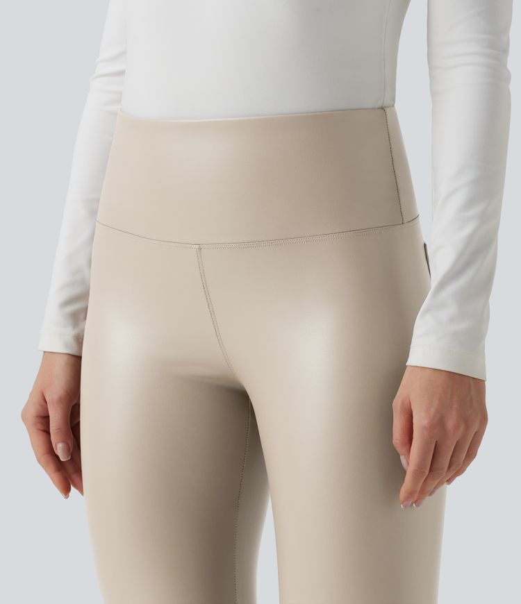 SoCinched High Taillierte Bauchkontrolle Dehnbare PU Fleece 7/8 Skinny Casual Leggings mit Taschen