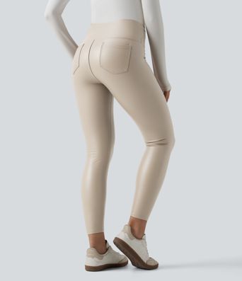 SoCinched High Taillierte Bauchkontrolle Dehnbare PU Fleece 7/8 Skinny Casual Leggings mit Taschen