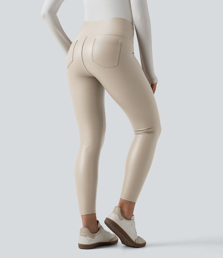SoCinched High Taillierte Bauchkontrolle Dehnbare PU Fleece 7/8 Skinny Casual Leggings mit Taschen