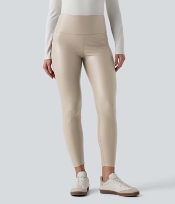 SoCinched High Taillierte Bauchkontrolle Dehnbare PU Fleece 7/8 Skinny Casual Leggings mit Taschen