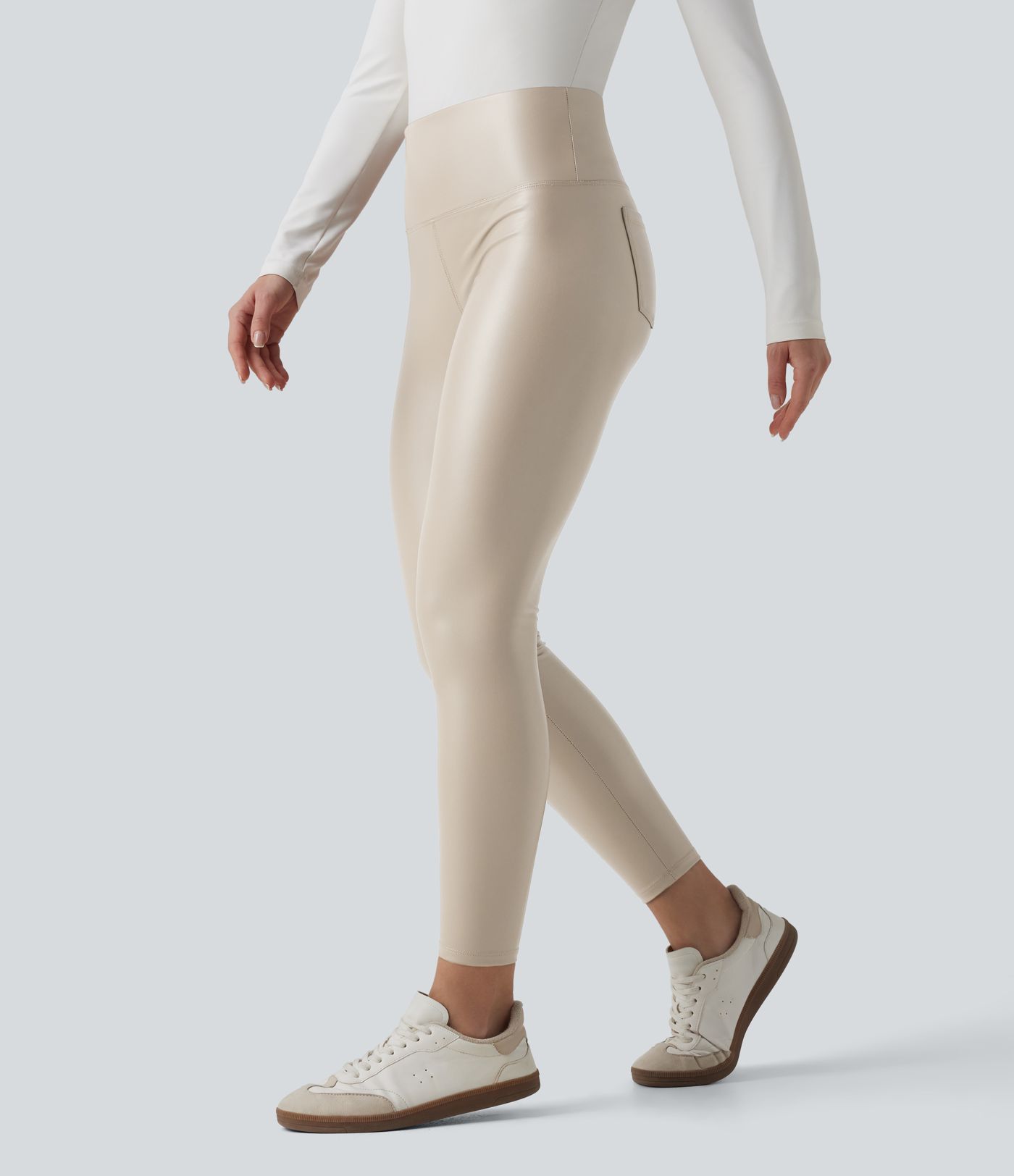 SoCinched High Taillierte Bauchkontrolle Dehnbare PU Fleece 7/8 Skinny Casual Leggings mit Taschen