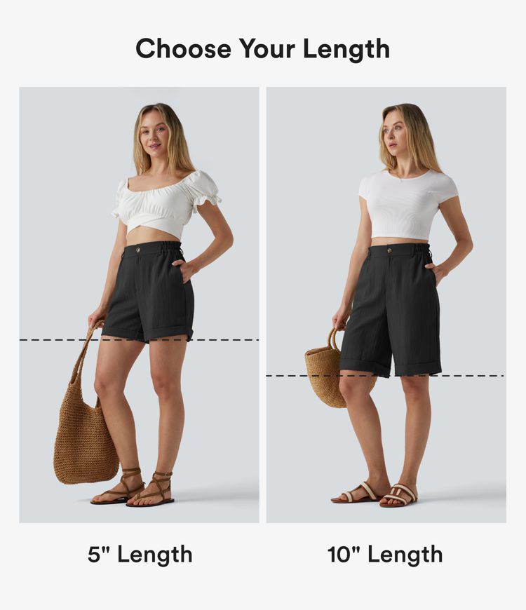 High Waisted Rolled Hem Linen-Feel Resort Bermuda Shorts 10'' with Pockets