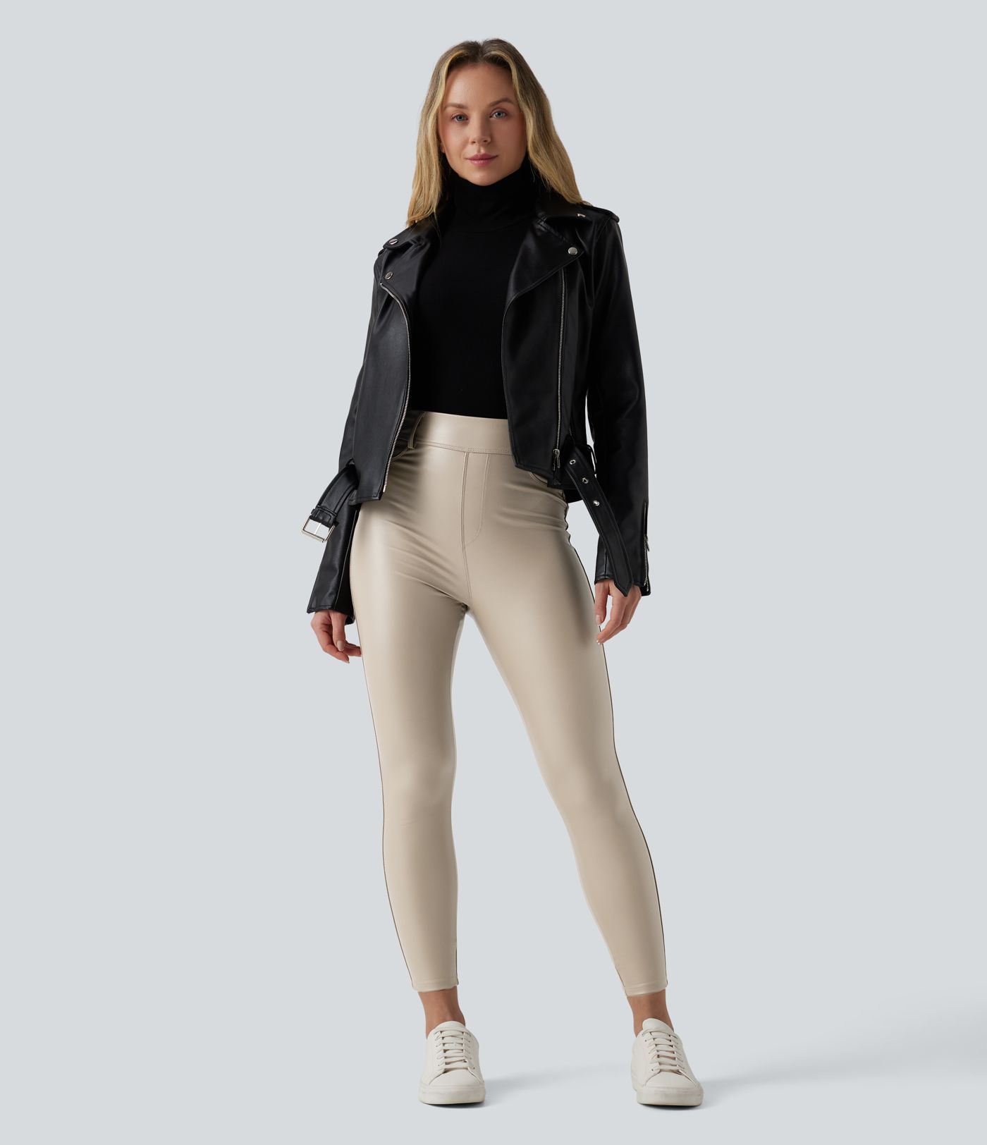 High Waisted Stretchy PU Fleece Casual Leggings with Pockets