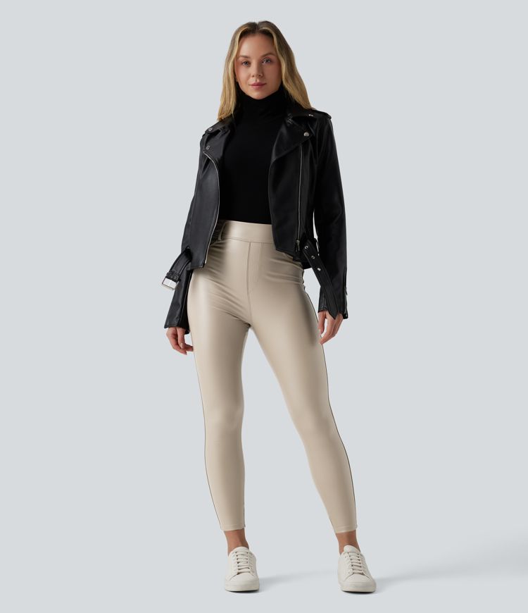 High Waisted Stretchy PU Fleece Casual Leggings with Pockets