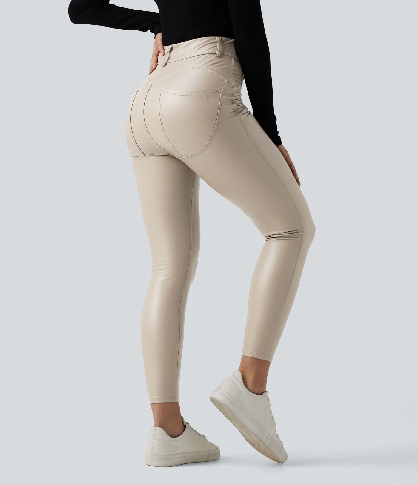 High Waisted Stretchy PU Fleece Casual Leggings with Pockets