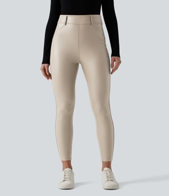 High Waisted Stretchy PU Fleece Casual Leggings with Pockets