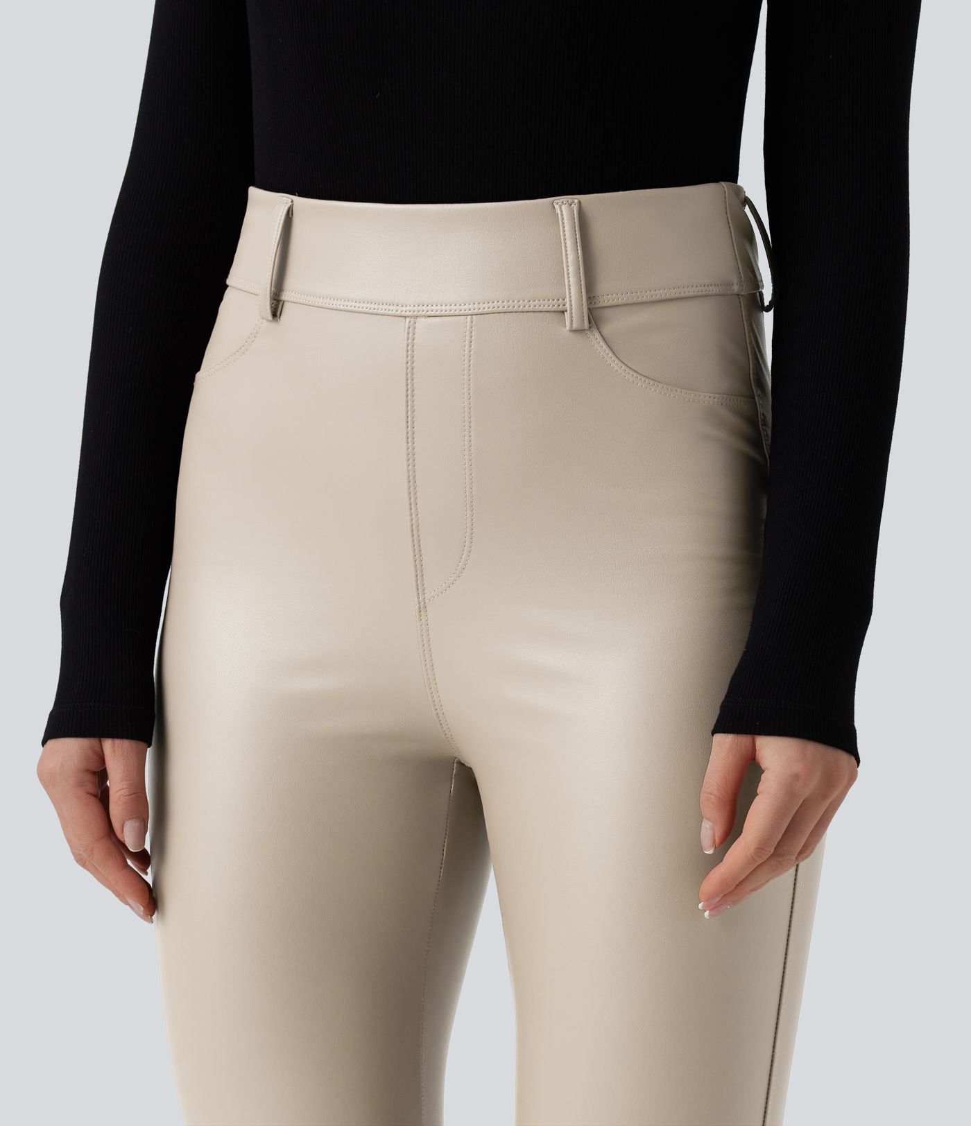 High Waisted Stretchy PU Fleece Casual Leggings with Pockets