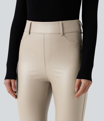 High Waisted Stretchy PU Fleece Casual Leggings with Pockets